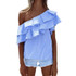 Fashion Striped Print One Shoulder Women Blouse Slash Neck Pink Tops Ruffled Vintage Ladies Blue blusas mujer de moda 2017