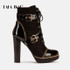 LALA IKAI Women Ankle Boots 2020 Buckle Strap Black Motorcycle Boots Lace-up PU Leather Female Platform High Heels Boots C4969-4