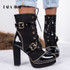 LALA IKAI Women Ankle Boots 2020 Buckle Strap Black Motorcycle Boots Lace-up PU Leather Female Platform High Heels Boots C4969-4