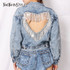 TWOTWINSTYLE Patchwork Tassel Diamond Denim Jacket For Women Lapel Long Sleeve Hollow Out Casual Jackets Female 2020 Fashion New
