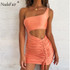 Nadafair Mini Bodycon Summer Dress Women Club Hollow Out Ruched Backless Orange White Black Party Bandage Women Sexy Dresses