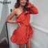 Yojoceli Elegant Ruffle Bow Short Dress Women One Shoulder Polka Dot Sexy Summer Dress