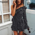 Yojoceli Elegant Ruffle Bow Short Dress Women One Shoulder Polka Dot Sexy Summer Dress