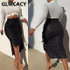 Women High Waist Bodycon Belt PU Skirts Slit Sexy & Club Streetwear Pencil  Leather Skirt