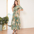 Tropical Pleated Dress Lantern Sleeve Floral Printed