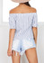 White-Blue Striped Boat Neck Off Shoulder Buttons Zipper Fashion Blouse