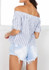 White-Blue Striped Boat Neck Off Shoulder Buttons Zipper Fashion Blouse