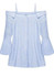 Blue Striped Shoulder-Strap Boat Neck Bell Sleeve Fashion Blouse