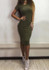 Army Green Plain Round Neck Short Sleeve Fashion Midi Dress