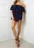 Navy Blue Ruffle Bandeau Drawstring Off Shoulder High Waisted Short Jumpsuit