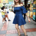 Casual Dark Blue Plain Ruffle Draped Boat Neck Off-shoulder A-line Denim Mini Dress
