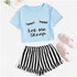 Black Graphic Tee Frilled Striped Shorts PJ Round Neck Short Sleeve