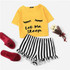 Black Graphic Tee Frilled Striped Shorts PJ Round Neck Short Sleeve