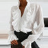 White V-Neck Print Ruffle Blouse