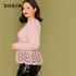 Pink Button Front Laser Cut Ruffle Hem Blouse