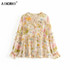 Vintage chic floral printed ruffles V neck long sleeve loose Bohemian Blouse Shirt