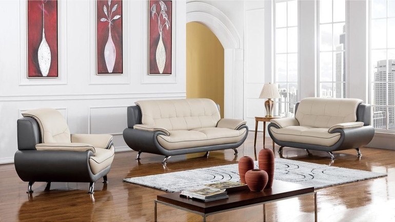 Three Piece Faux Leather Upholstered Wooden Sofa Set with Pillow Top Armrest, Cream and Dark Gray