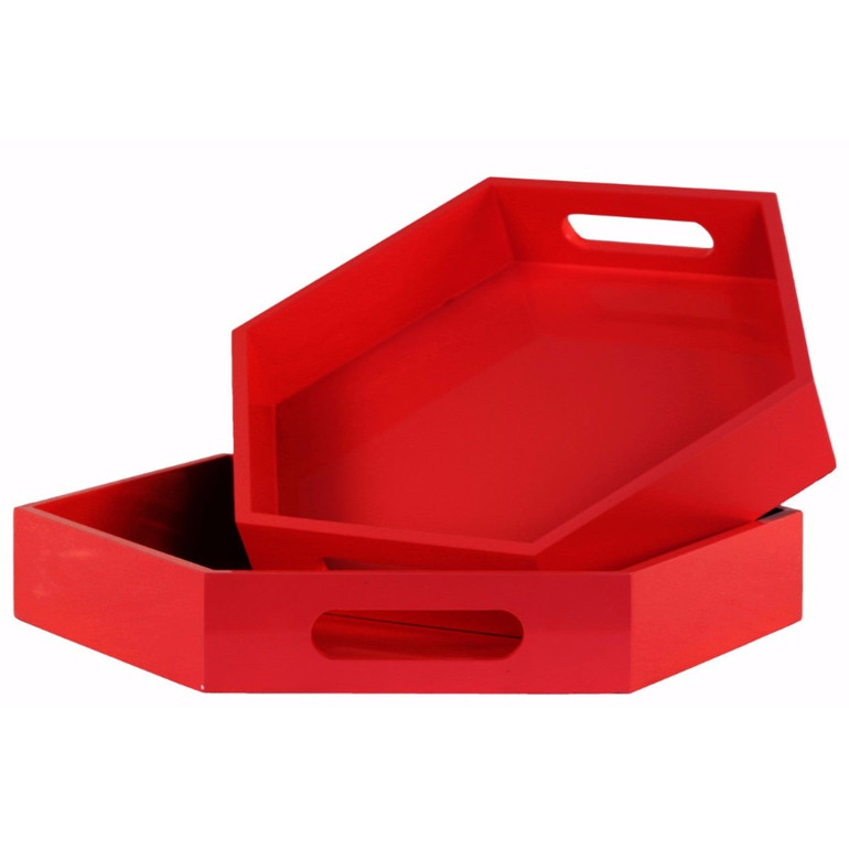 Sturdy Hexagon Serving Tray with Cutout Handles, Set of 2-Red-Benzara