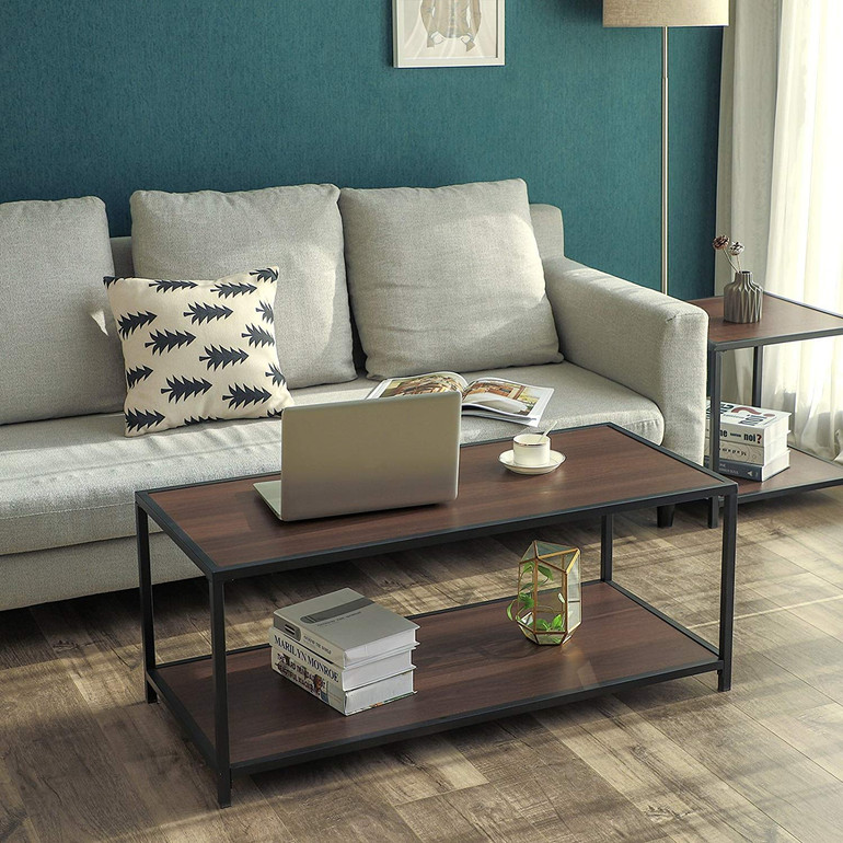 Iron Frame Coffee Table with Wooden Top and Bottom Shelf, Brown and Black