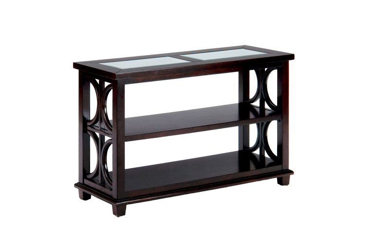 Glass Inserted Wooden Sofa/Media Table with 2 Shelves, Dark Brown