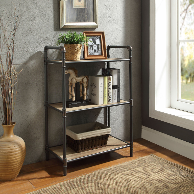 Four-Tier Metal Bookshelf With Wooden Shelves, Oak Brown & Gray