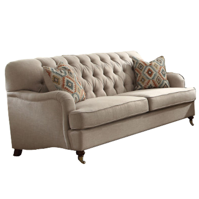 Fabric Upholstered Sofa with 2 Pillows, Beige