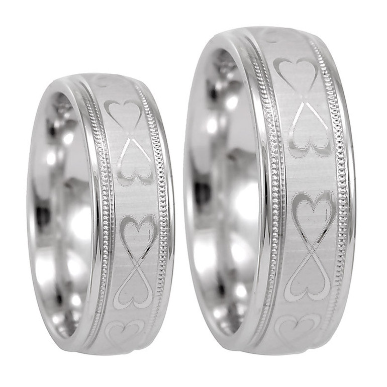 Ladies 14K White Gold Double Heart with Milgrain Wedding Band, Shiny Wedding Ring, Comfort Fit Promise Ring, Milgrain Wedding Band