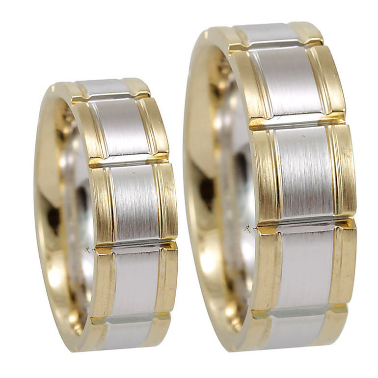 Ladies 14K Yellow and White Gold Comfort Fit Band with vertical groove lines, 14K Yellow and White Gold Wedding Band
