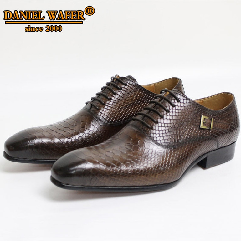 Men Leather Shoes Snake Skin Prints Men Business Dress Classic Style Coffee Black Lace Up Pointed Toe Shoes For Men Oxford Shoes