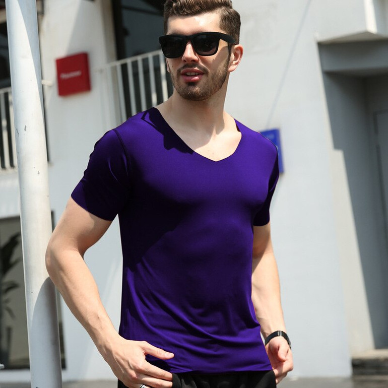 Men Ice silk short sleeve Solid color seamless underwear clothing close-fitting V-neck