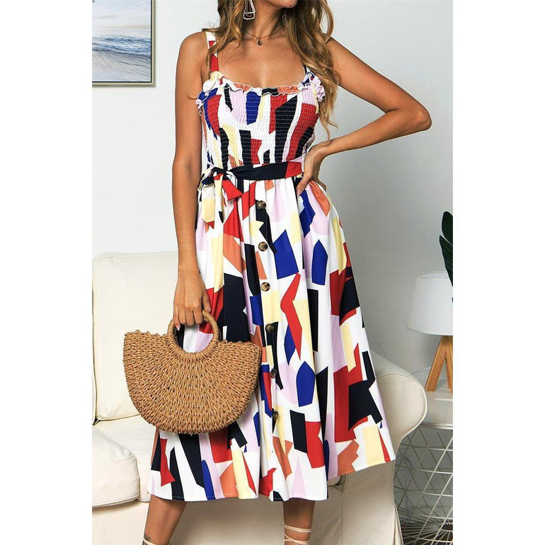 Sling Ruffled Sunflower Printed Button Dress