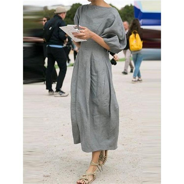 Women Round Neck 3/4 Sleeve Solid Color Daily Dresses