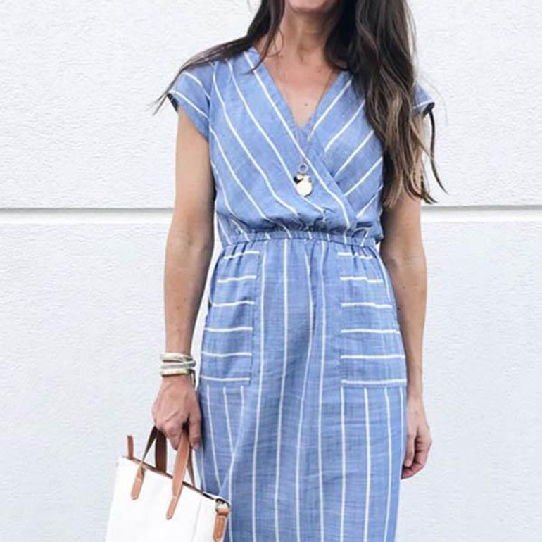 Elegant V Neck Stripe Casual Dress