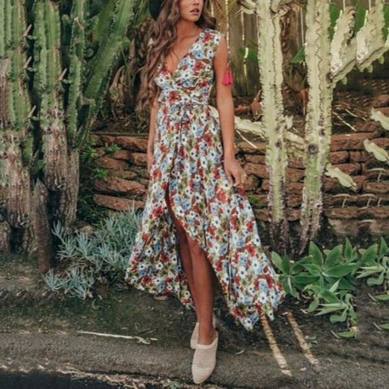 Bohemian Sexy V Collar Printing Sleeveless Vacation Dress