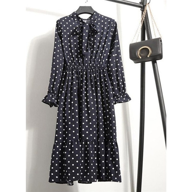 2020 Women Different Choose Casual Autumn Dress Lady Korean Style Vintage Floral Printed Chiffon Shirt Dress Winter Long Sleeve Bow Midi Dress Vestido
