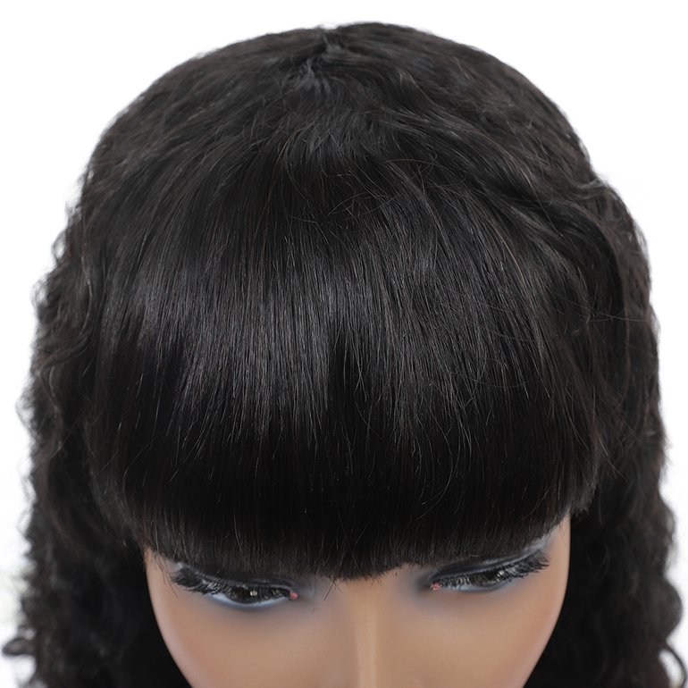 Deep Wave Bob Full Machine Made None Lace Front Wigs With Bangs For Women
