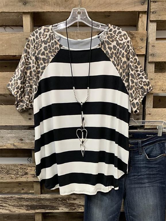 Fashionlinna Hot Sale Black Short Sleeve Cotton-Blend Leopard Tops