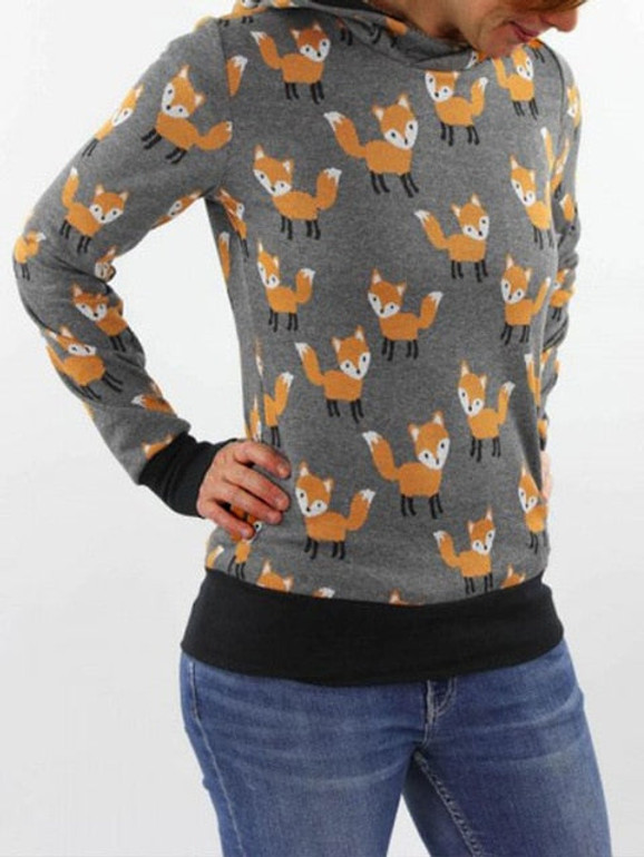 2020 Women Cartoon Animal Foxes Printed  Navy Blue Hoodie Long Sleeve Pullover Hoodies With Hooded