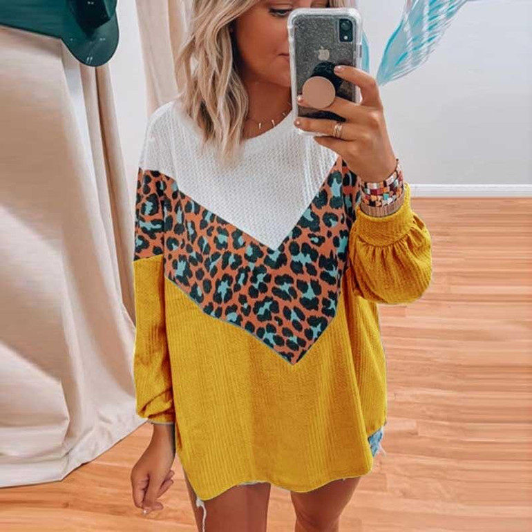 Casual Leopard Patchwork Knitted Jumpers Long Sleeve Pullovers Sweaters