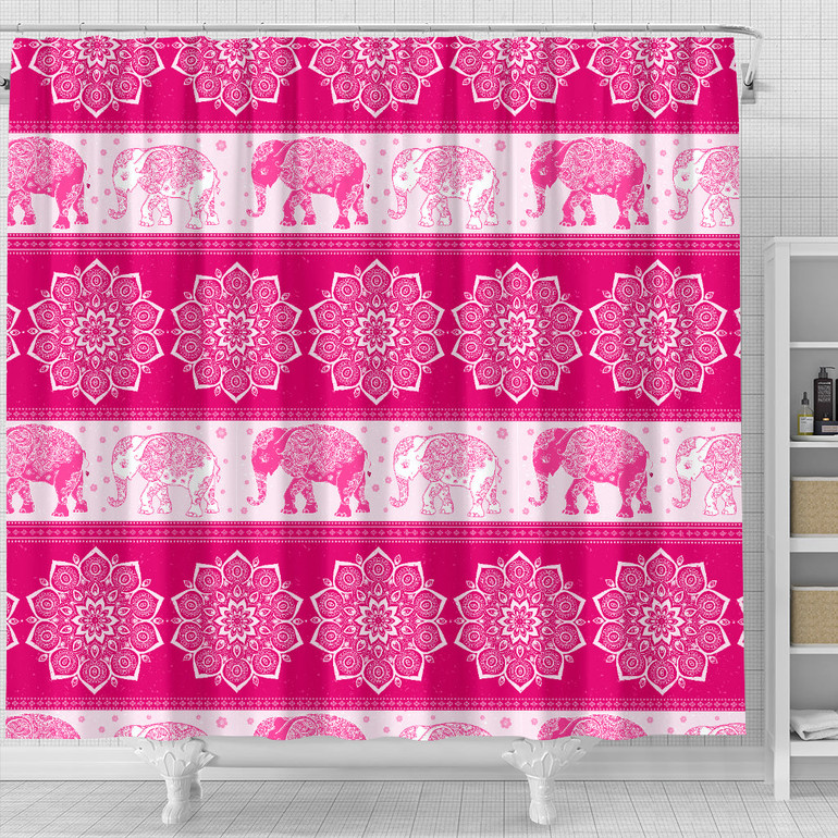 Mandala Elephant Flower Pink Fabric Shower Curtain Bathroom Curtains