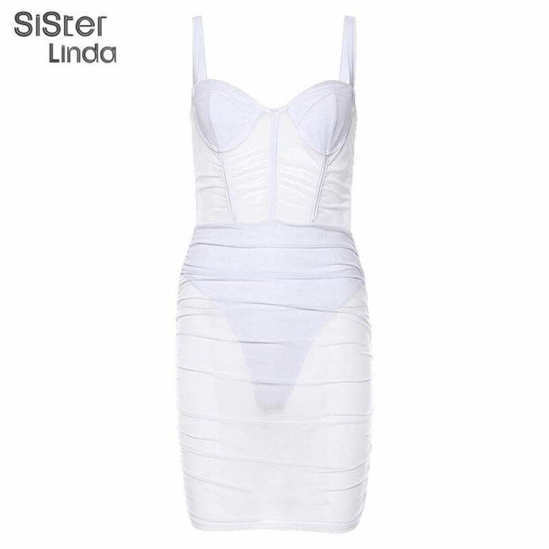 Women See Through Mesh Sleeveless Strapless Bodycon Dress