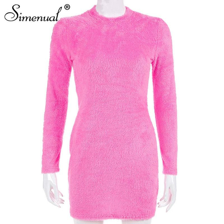 Simenual Sexy Hairy Bodycon Dress Women Autumn 2019 Fashion Dresses Party Long Sleeve Clubwear Furry Solid Basic Mini Dress Slim