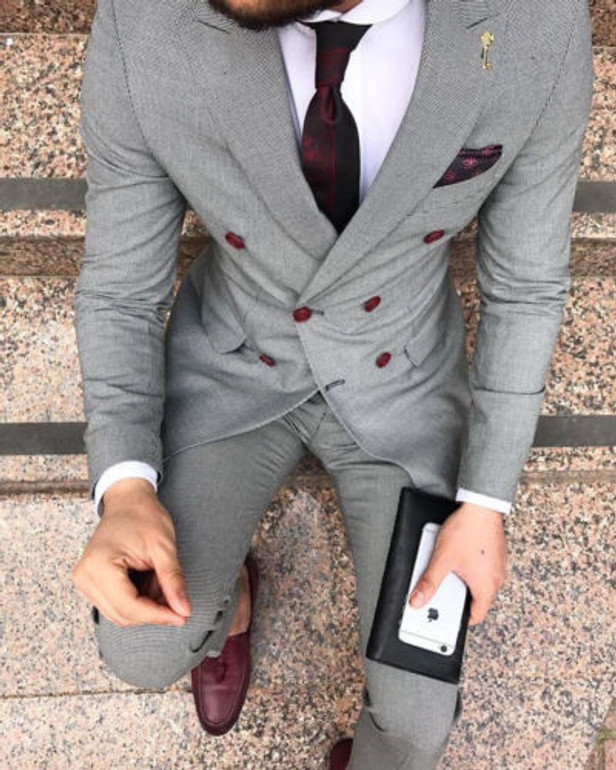 Men's Grey Double Breasted Suit Up To 6XL(Jacket+Pant)