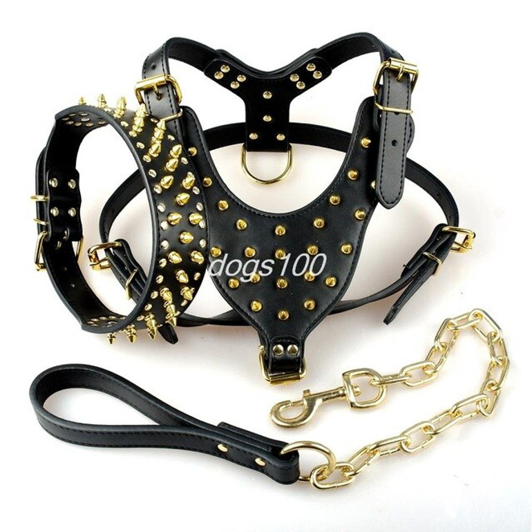 Large Dog Pet Spikes Harness Collar Leash Set