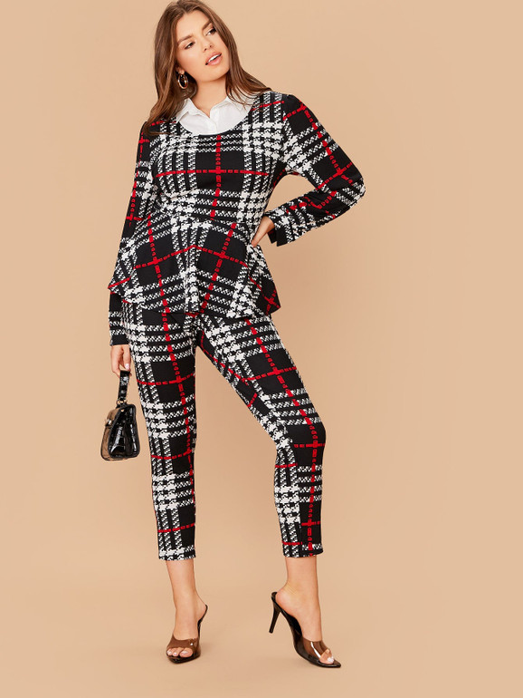 Plus Plaid 2 In 1 Peplum Top and Skinny Pants Set
