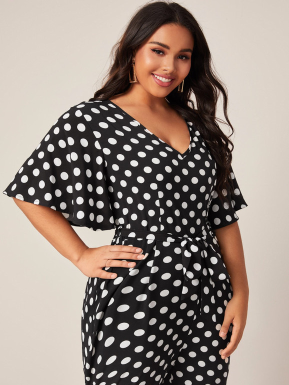 Plus Polka Dot Belted Jumpsuit