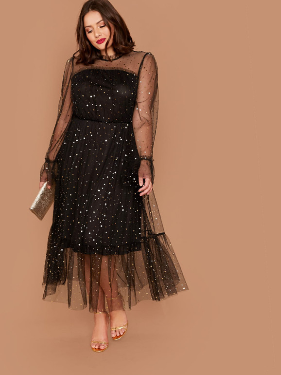 Plus Frill Trim Star Mesh Overlay Dress
