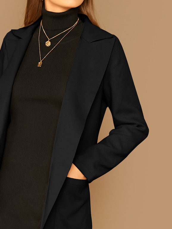 Peak Collar Pocket Front Open Placket Longline Coat