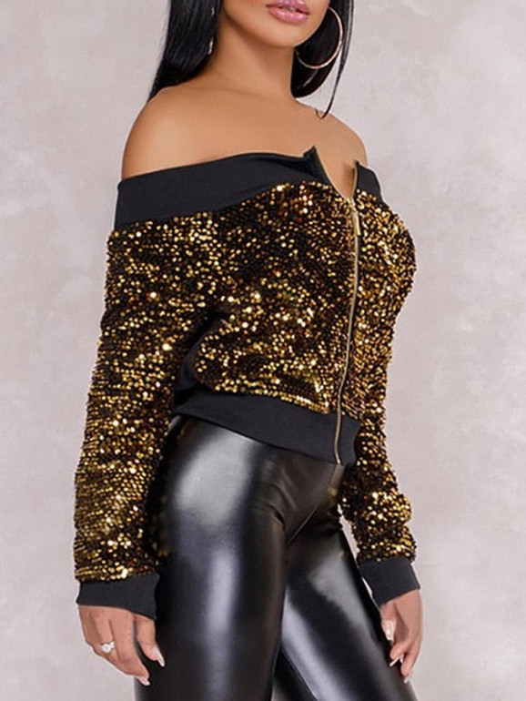 Sequins Off Shoulder Binding Zipper Up Jacket