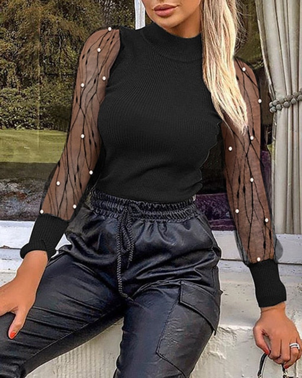 Solid Mesh Patchwork See Through Beaded Detail Blouse